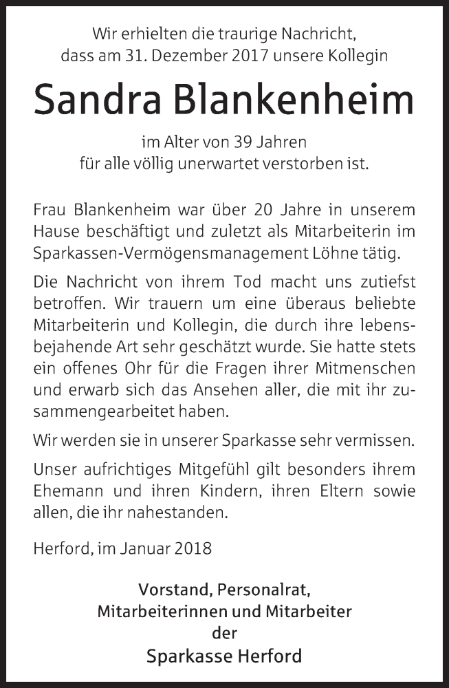  Traueranzeige für Sandra Blankenheim vom 06.01.2018 aus Neue Westfälische