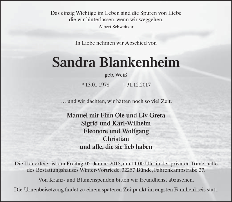  Traueranzeige für Sandra Blankenheim vom 03.01.2018 aus Neue Westfälische