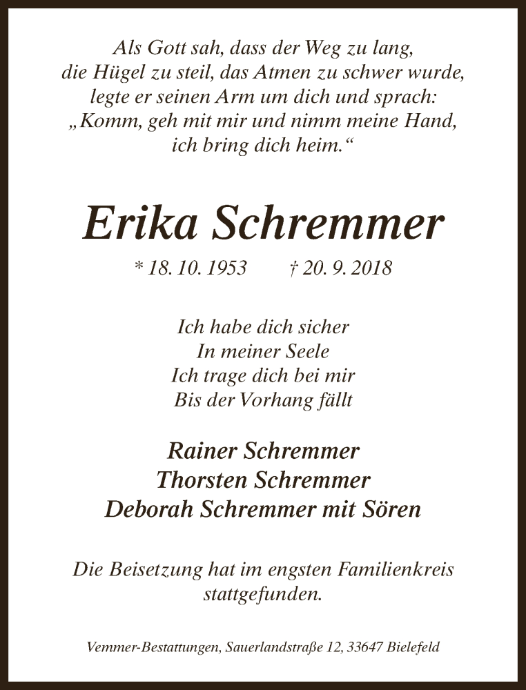  Traueranzeige für Erika Schremmer vom 06.10.2018 aus Neue Westfälische