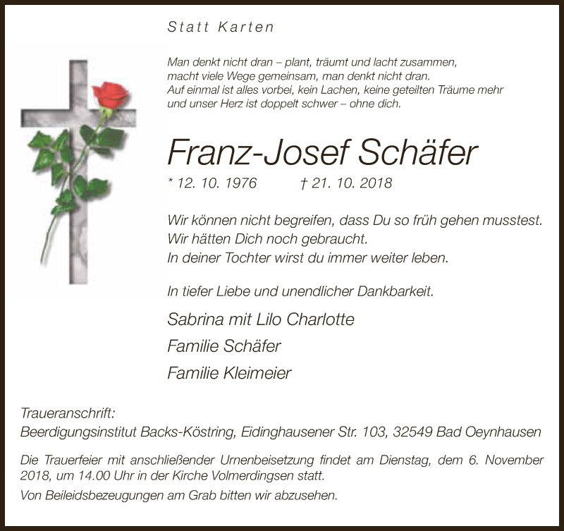  Traueranzeige für Franz-Josef Schäfer vom 27.10.2018 aus Neue Westfälische