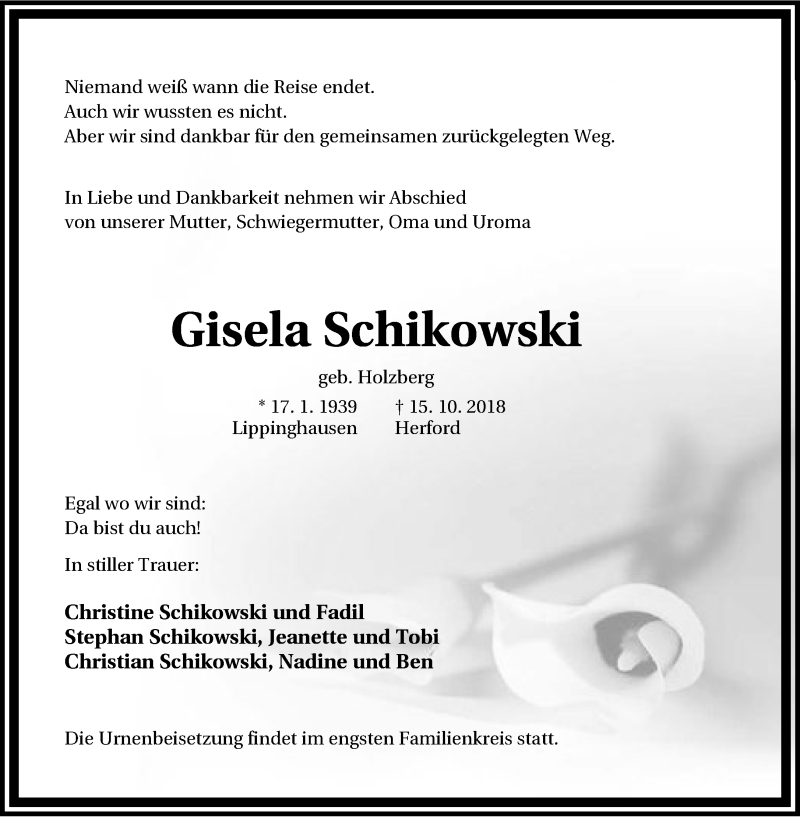  Traueranzeige für Gisela Schikowski vom 27.10.2018 aus Neue Westfälische