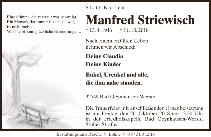  Traueranzeige für Manfred Striewisch vom 20.10.2018 aus Neue Westfälische