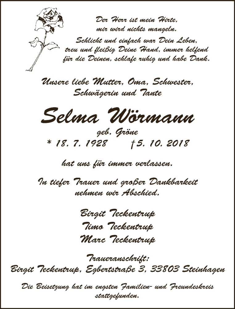  Traueranzeige für Selma Wörmann vom 13.10.2018 aus Neue Westfälische
