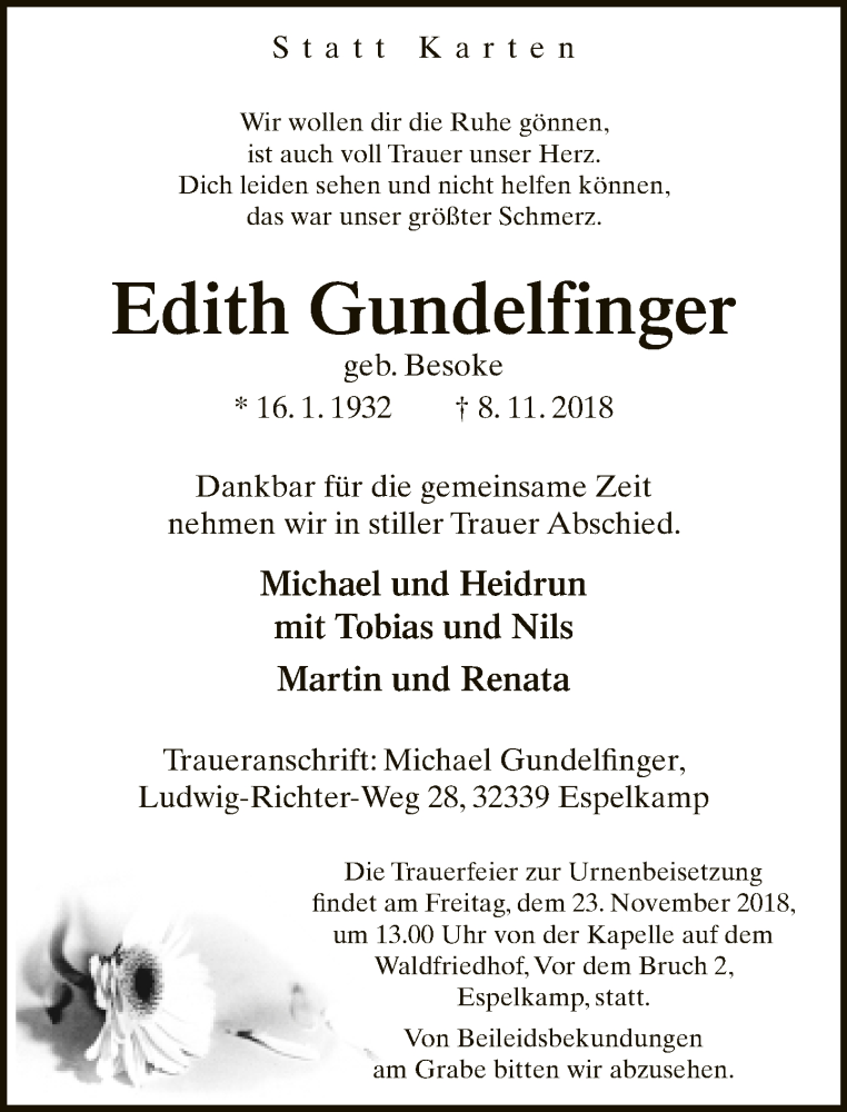  Traueranzeige für Edith Gundelfinger vom 17.11.2018 aus Neue Westfälische
