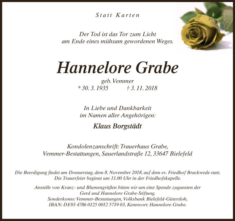  Traueranzeige für Hannelore Grabe vom 05.11.2018 aus Neue Westfälische