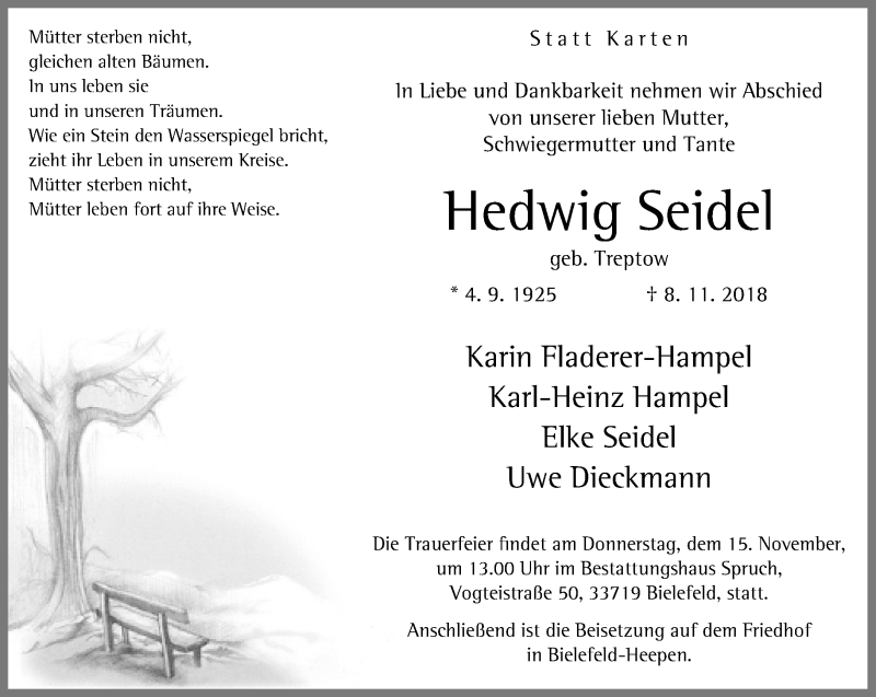  Traueranzeige für Hedwig Seidel vom 13.11.2018 aus Neue Westfälische