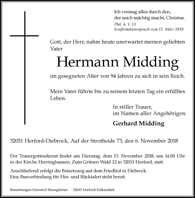  Traueranzeige für Hermann Midding vom 08.11.2018 aus Neue Westfälische