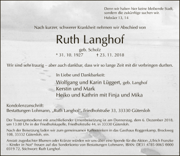 Traueranzeige von Ruth Langhof