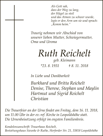 Traueranzeige von Ruth Reichelt
