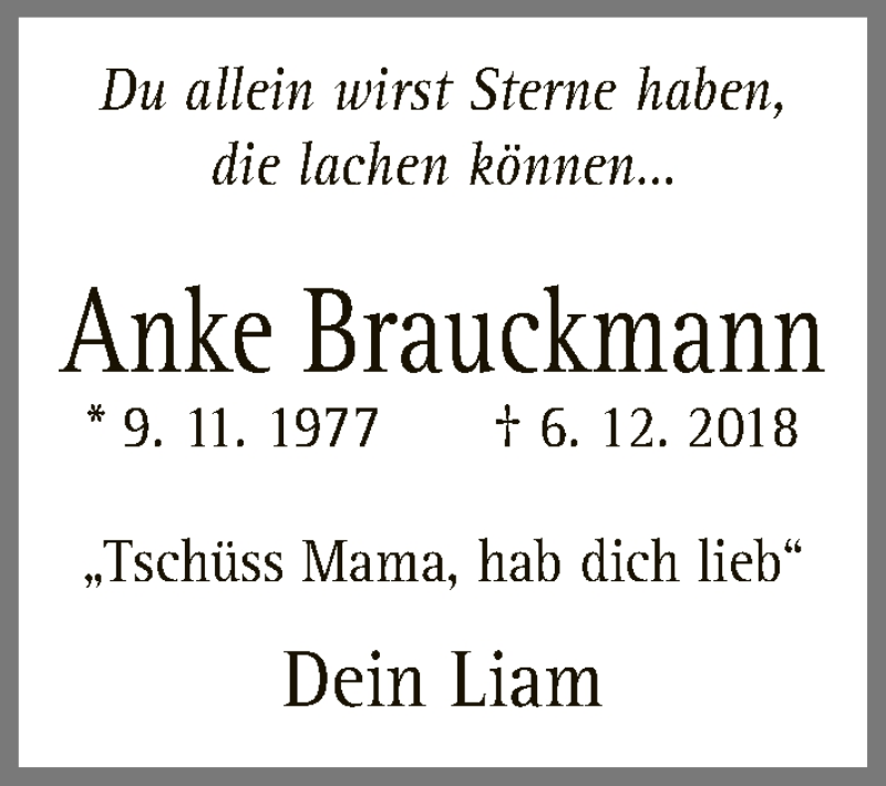  Traueranzeige für Anke Brauckmann vom 12.12.2018 aus Neue Westfälische