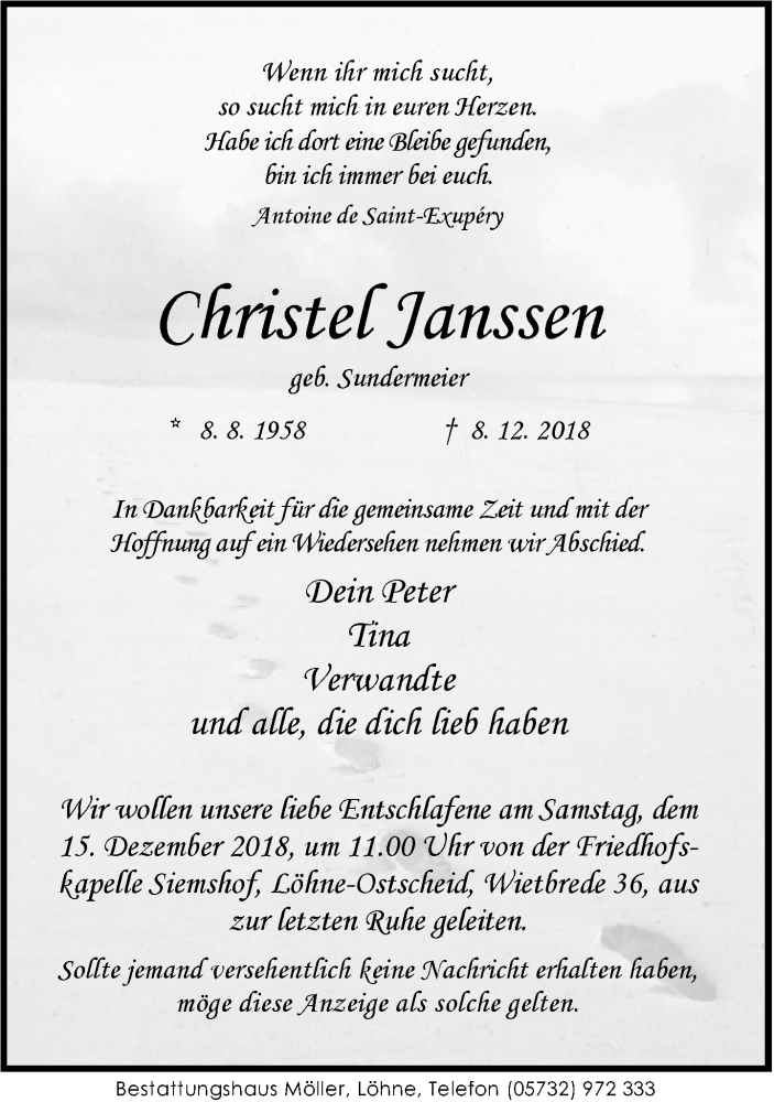  Traueranzeige für Christel Janssen vom 12.12.2018 aus Neue Westfälische