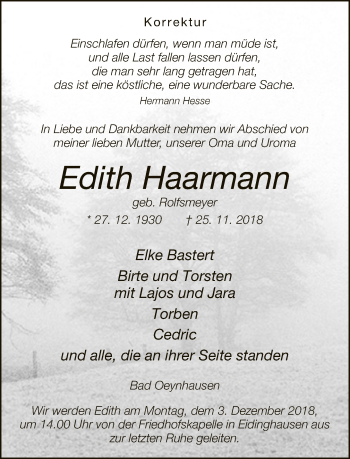 Traueranzeige von Edith Haarmann