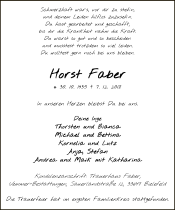 Traueranzeige von Horst Faber