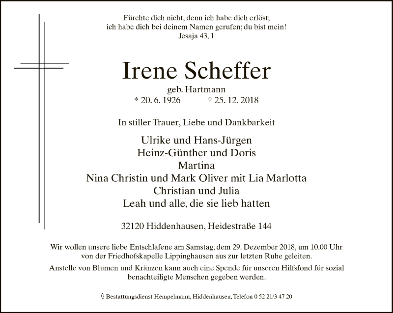  Traueranzeige für Irene Scheffer vom 27.12.2018 aus Neue Westfälische
