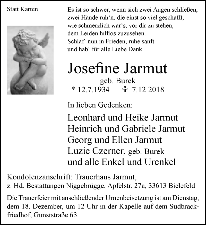  Traueranzeige für Josefine Jarmut vom 12.12.2018 aus Neue Westfälische