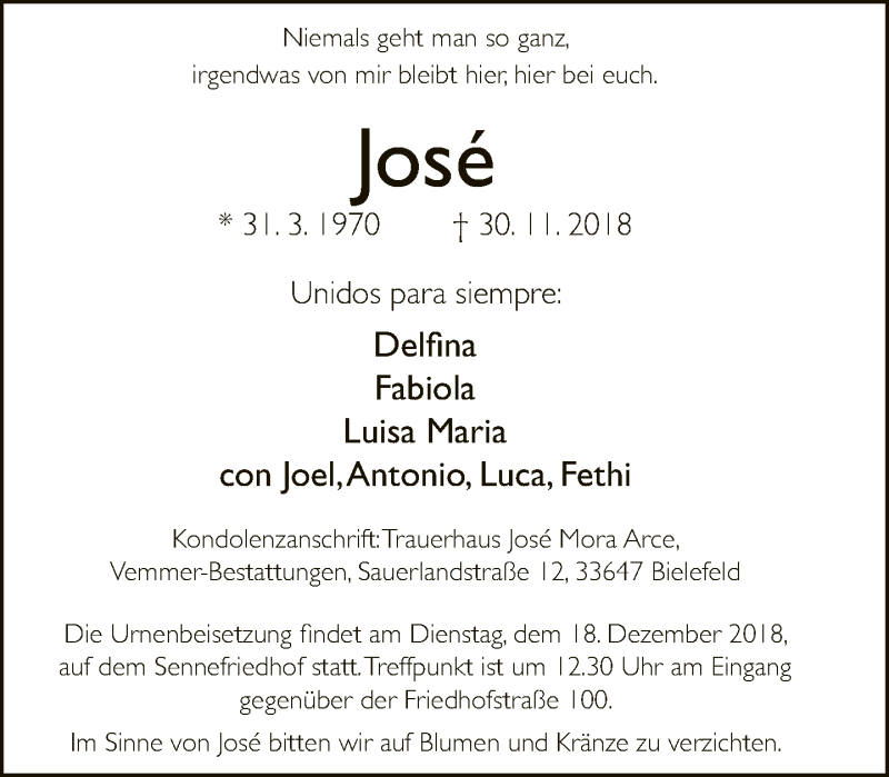  Traueranzeige für José  vom 08.12.2018 aus Neue Westfälische