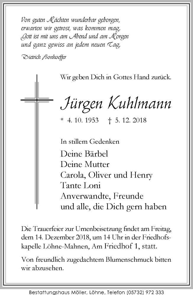  Traueranzeige für Jürgen Kuhlmann vom 08.12.2018 aus Neue Westfälische