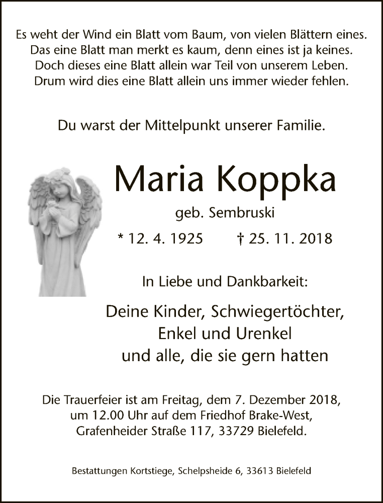  Traueranzeige für Maria Koppka vom 01.12.2018 aus Neue Westfälische