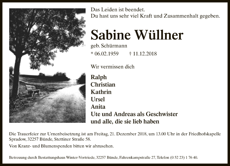  Traueranzeige für Sabine Wüllner vom 15.12.2018 aus Neue Westfälische