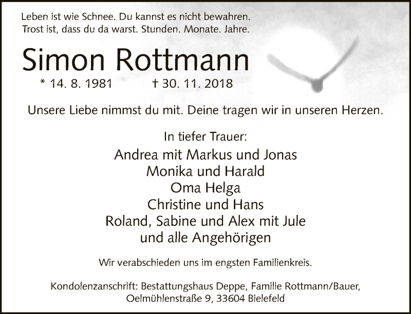  Traueranzeige für Simon Rottmann vom 08.12.2018 aus Neue Westfälische