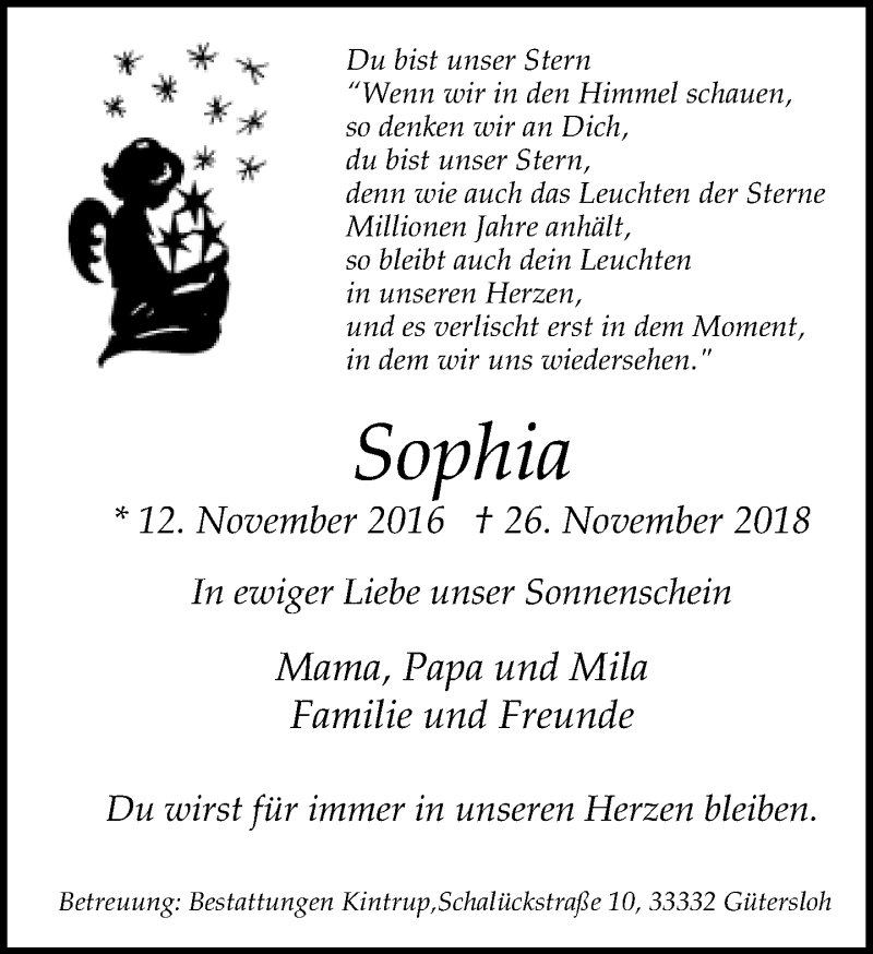  Traueranzeige für Sophia  vom 01.12.2018 aus Neue Westfälische