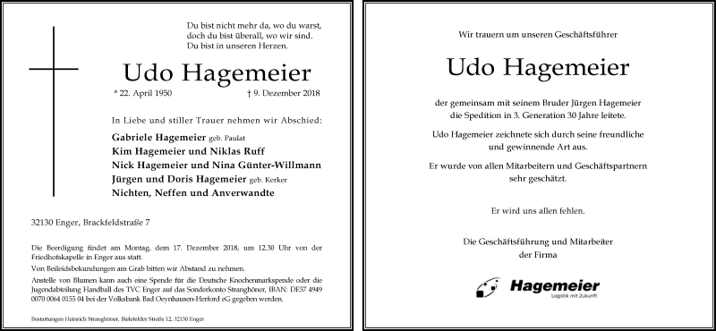  Traueranzeige für Udo Hagemeier vom 12.12.2018 aus Neue Westfälische
