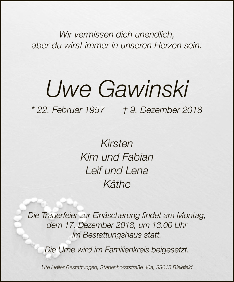  Traueranzeige für Uwe Gawinski vom 12.12.2018 aus Neue Westfälische