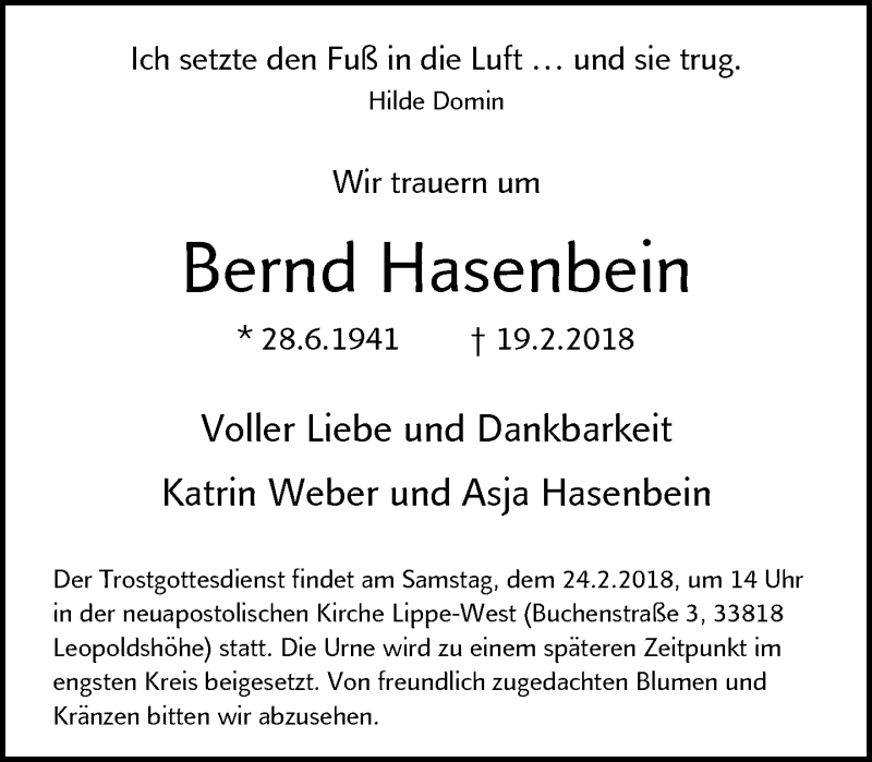  Traueranzeige für Bernd Hasenbein vom 22.02.2018 aus Neue Westfälische