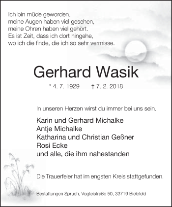 Traueranzeige von Gerhard Wasik