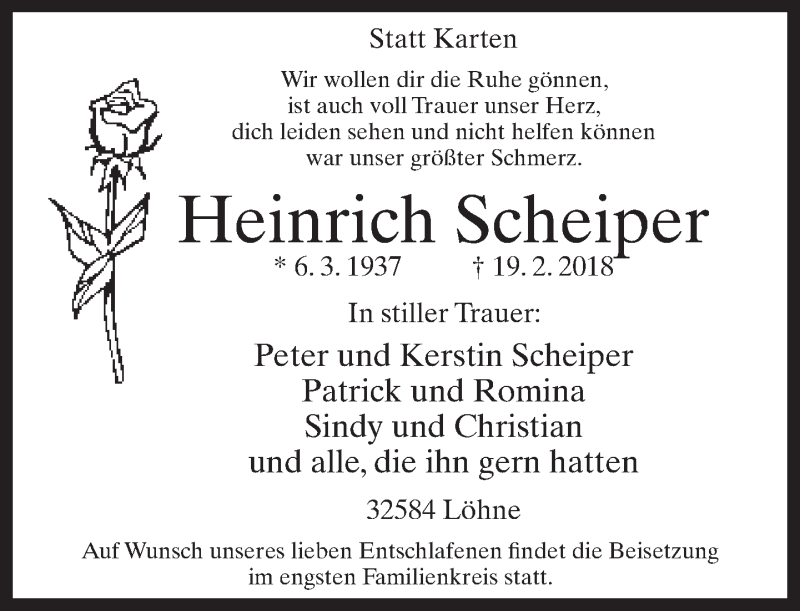 Traueranzeige für Heinrich Scheiper vom 21.02.2018 aus Neue Westfälische