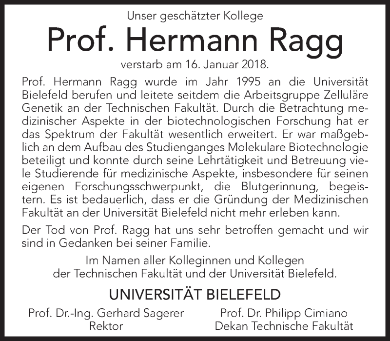  Traueranzeige für Hermann Ragg vom 03.02.2018 aus Neue Westfälische