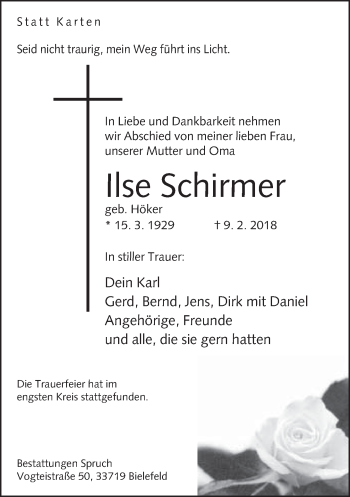 Traueranzeige von Ilse Schirmer