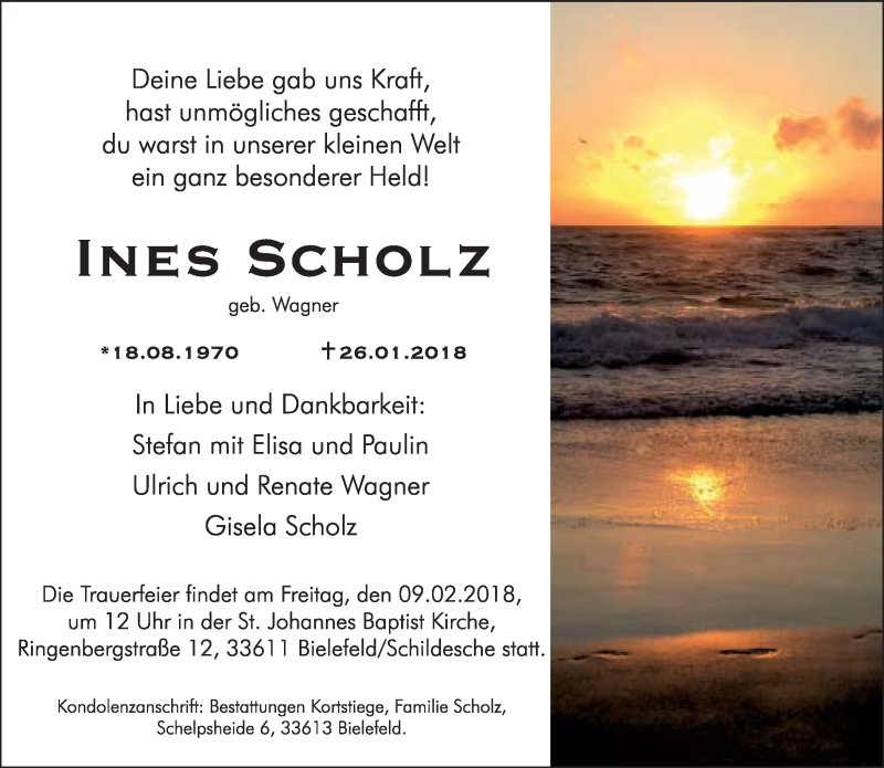  Traueranzeige für Ines Scholz vom 03.02.2018 aus Neue Westfälische
