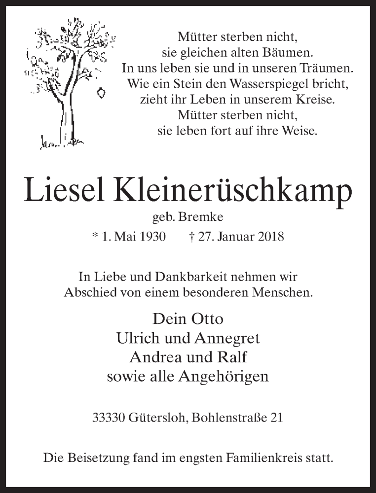  Traueranzeige für Liesel Kleinerüschkamp vom 03.02.2018 aus Neue Westfälische