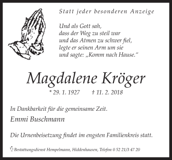 Traueranzeige von Magdalene Kröger