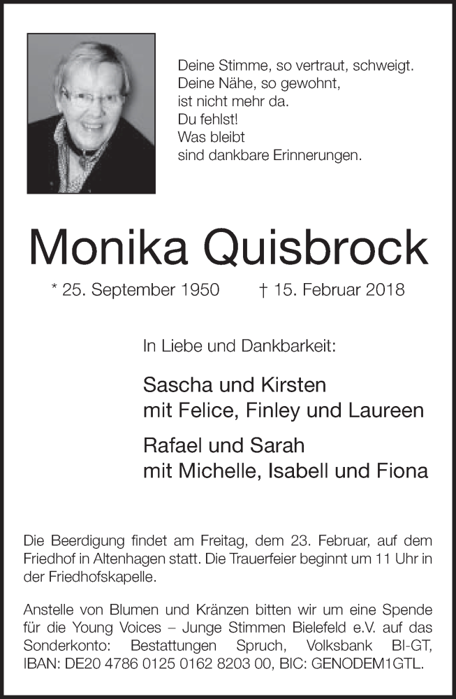  Traueranzeige für Monika Quisbrock vom 20.02.2018 aus Neue Westfälische