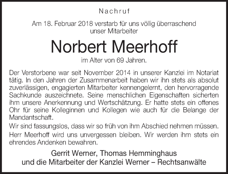  Traueranzeige für Norbert Meerhoff vom 22.02.2018 aus Neue Westfälische