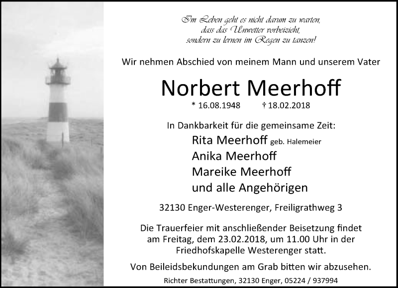  Traueranzeige für Norbert Meerhoff vom 21.02.2018 aus Neue Westfälische