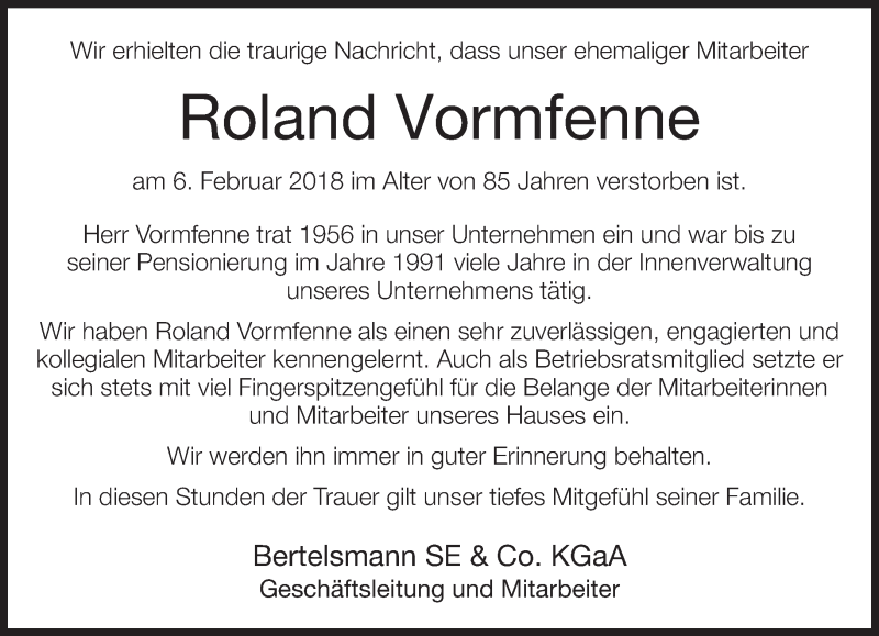  Traueranzeige für Roland Vormfenne vom 10.02.2018 aus Neue Westfälische