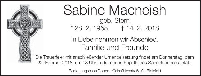  Traueranzeige für Sabine Macneish vom 17.02.2018 aus Neue Westfälische