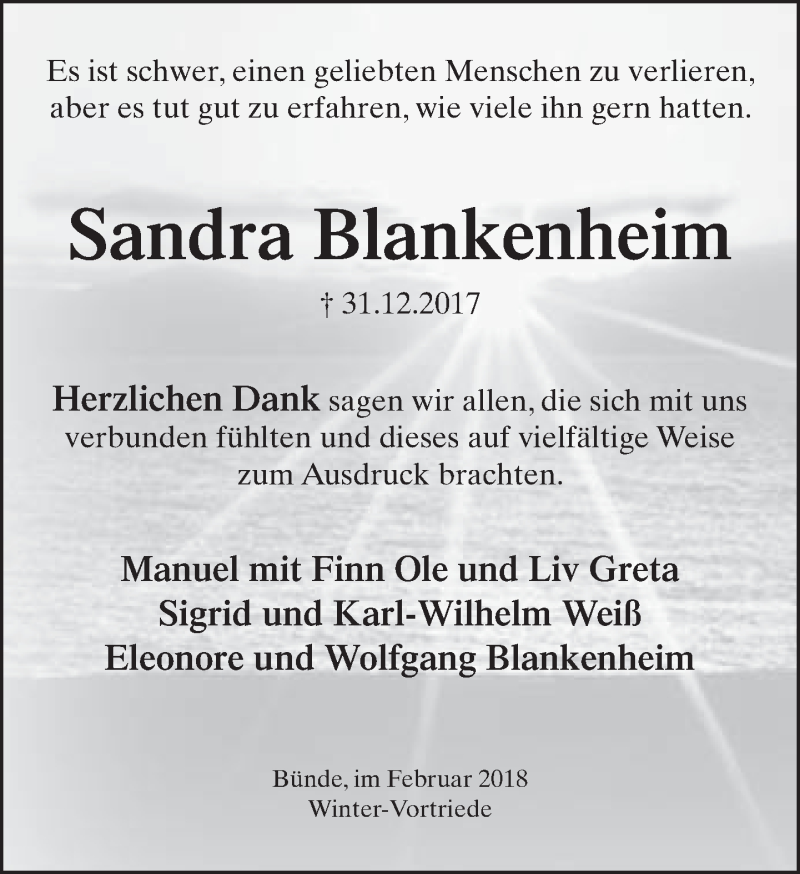  Traueranzeige für Sandra Blankenheim vom 17.02.2018 aus Neue Westfälische