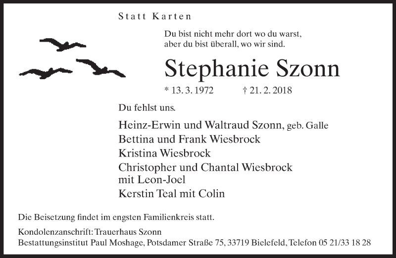  Traueranzeige für Stephanie Szonn vom 24.02.2018 aus Neue Westfälische