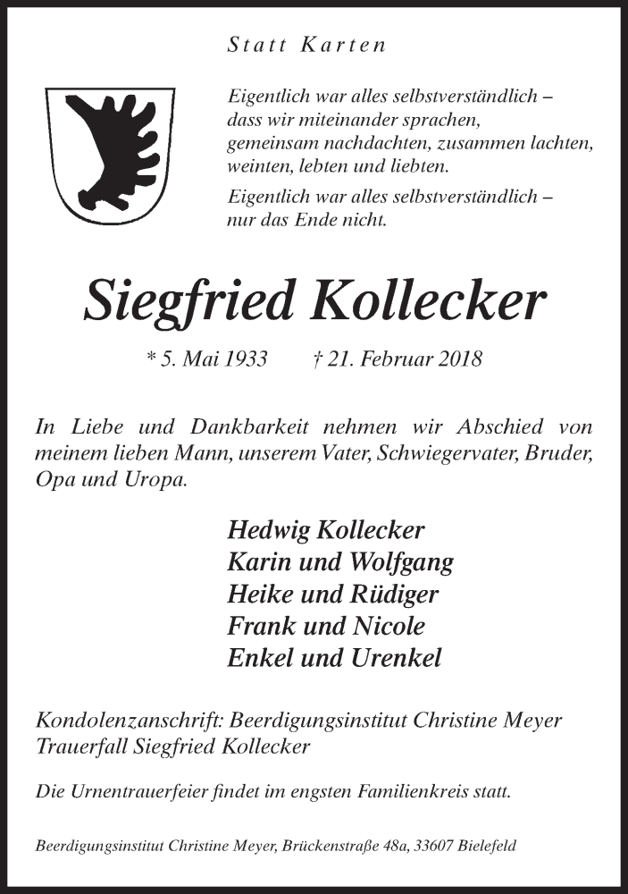  Traueranzeige für Siegfried Kollecker vom 24.02.2018 aus Neue Westfälische