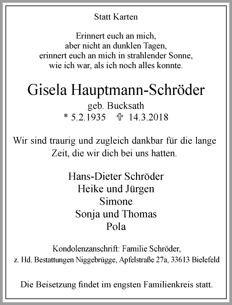  Traueranzeige für Gisela Hauptmann-Schröder vom 17.03.2018 aus Neue Westfälische