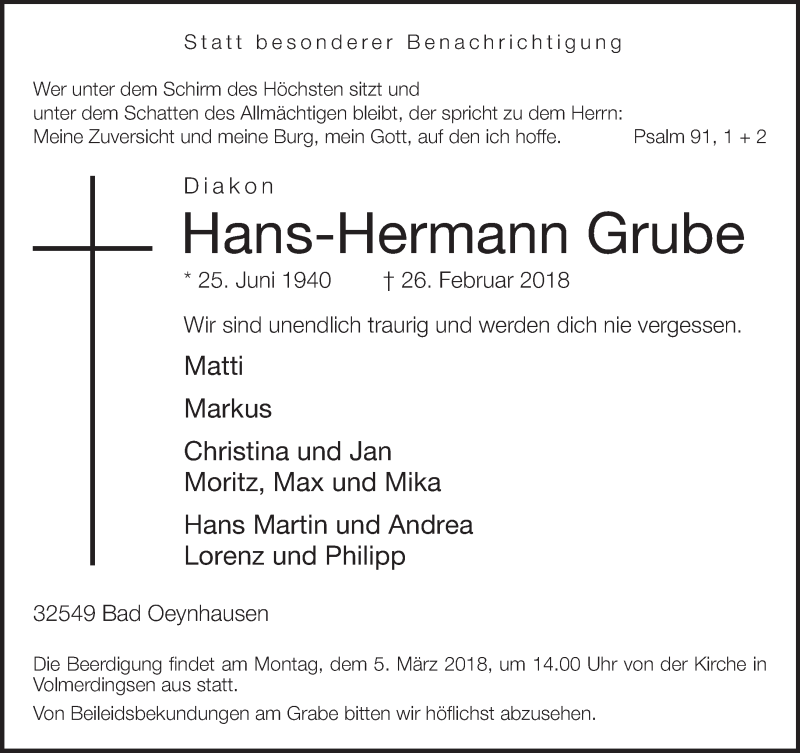  Traueranzeige für Hans-Hermann Grube vom 03.03.2018 aus Neue Westfälische