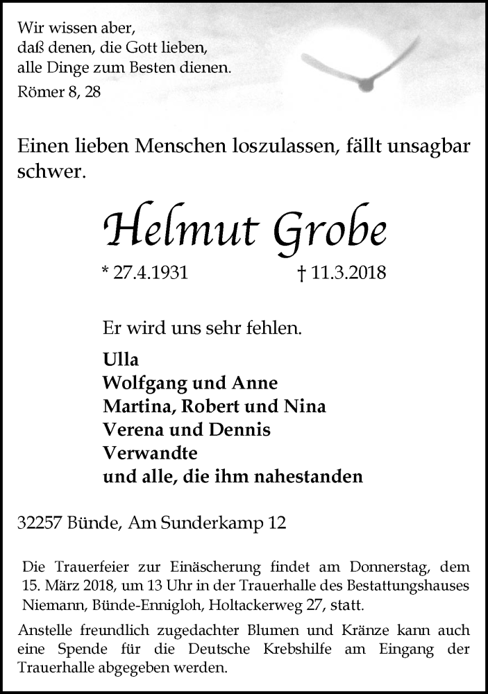  Traueranzeige für Helmut Grobe vom 13.03.2018 aus Neue Westfälische