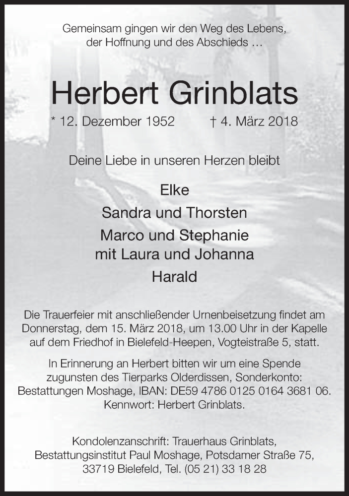  Traueranzeige für Herbert Grinblats vom 10.03.2018 aus Neue Westfälische