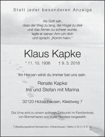 Traueranzeige von Klaus Kapke