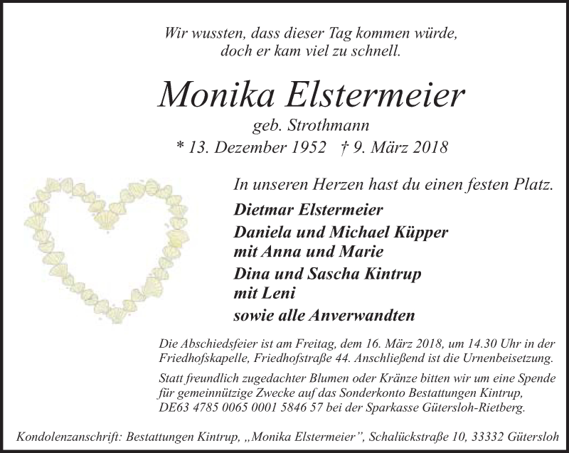  Traueranzeige für Monika Elstermeier vom 12.03.2018 aus Neue Westfälische