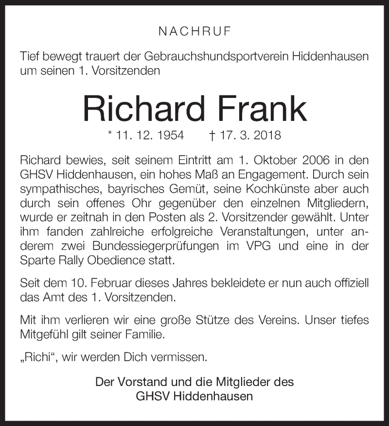  Traueranzeige für Richard Frank vom 21.03.2018 aus Neue Westfälische
